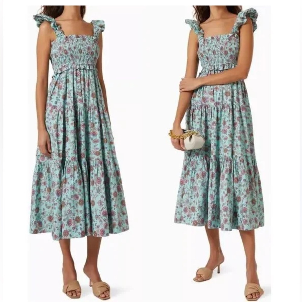 NWOT Sea New York Dress Floral Smocked Blue Brita Midi Dress Size XS